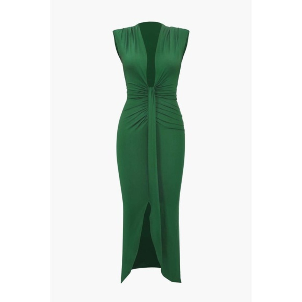 Micas Green Midi Dress Plunge Sleeveless Ruched Bodycon Party Cocktail Dress Xl - Picture 10 of 12